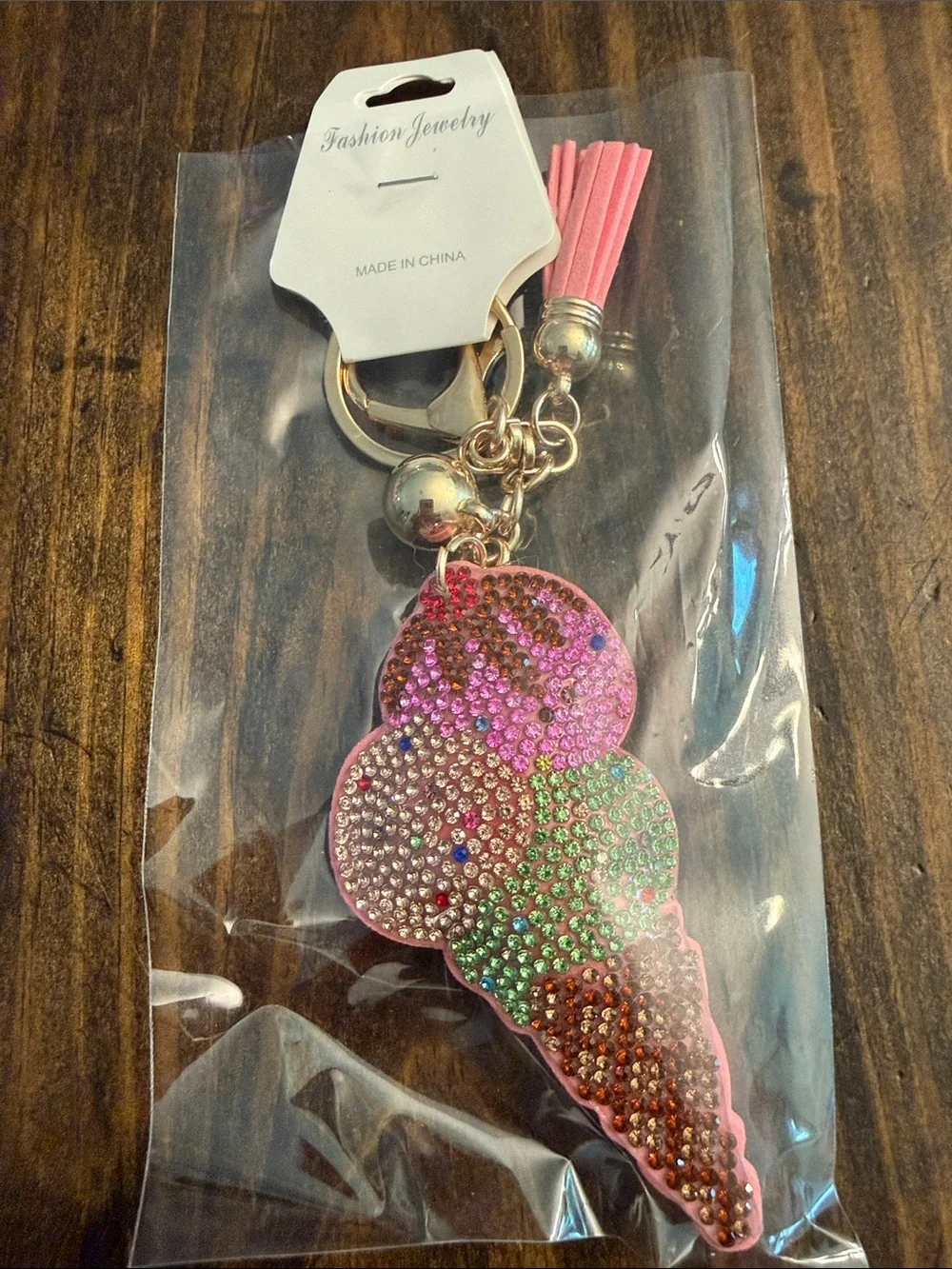 Fashion Jewelry Adorable Pink Multicolor Rhinestone Ice Cream Keychain Charm